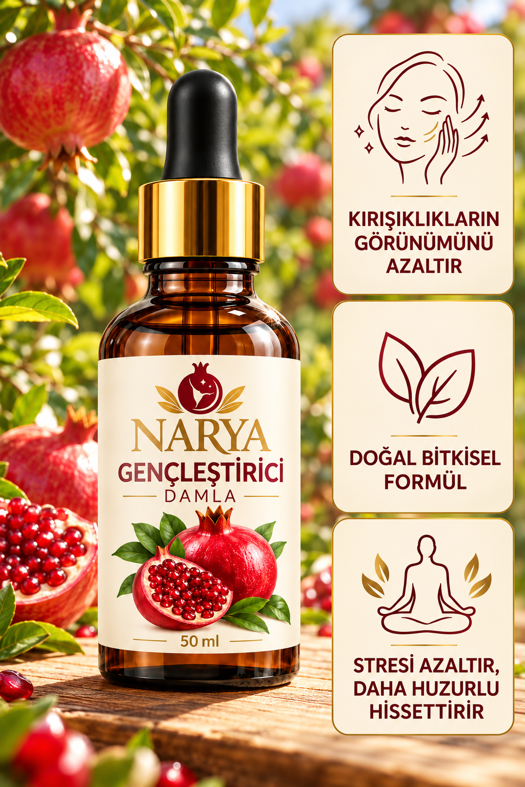 Narya Gençleştirici Damla 50 ml — nar bahçesi arka planı, kırışıklık görünümü, doğal bitkisel formül ve stres azaltma fayda görseli