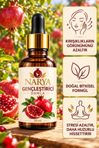 Narya Gençleştirici Damla 50 ml — nar bahçesi arka planı, kırışıklık görünümü, doğal bitkisel formül ve stres azaltma fayda görseli